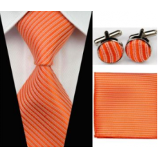 3delige set stropdas manchetknopen pochet oranje wit Streep